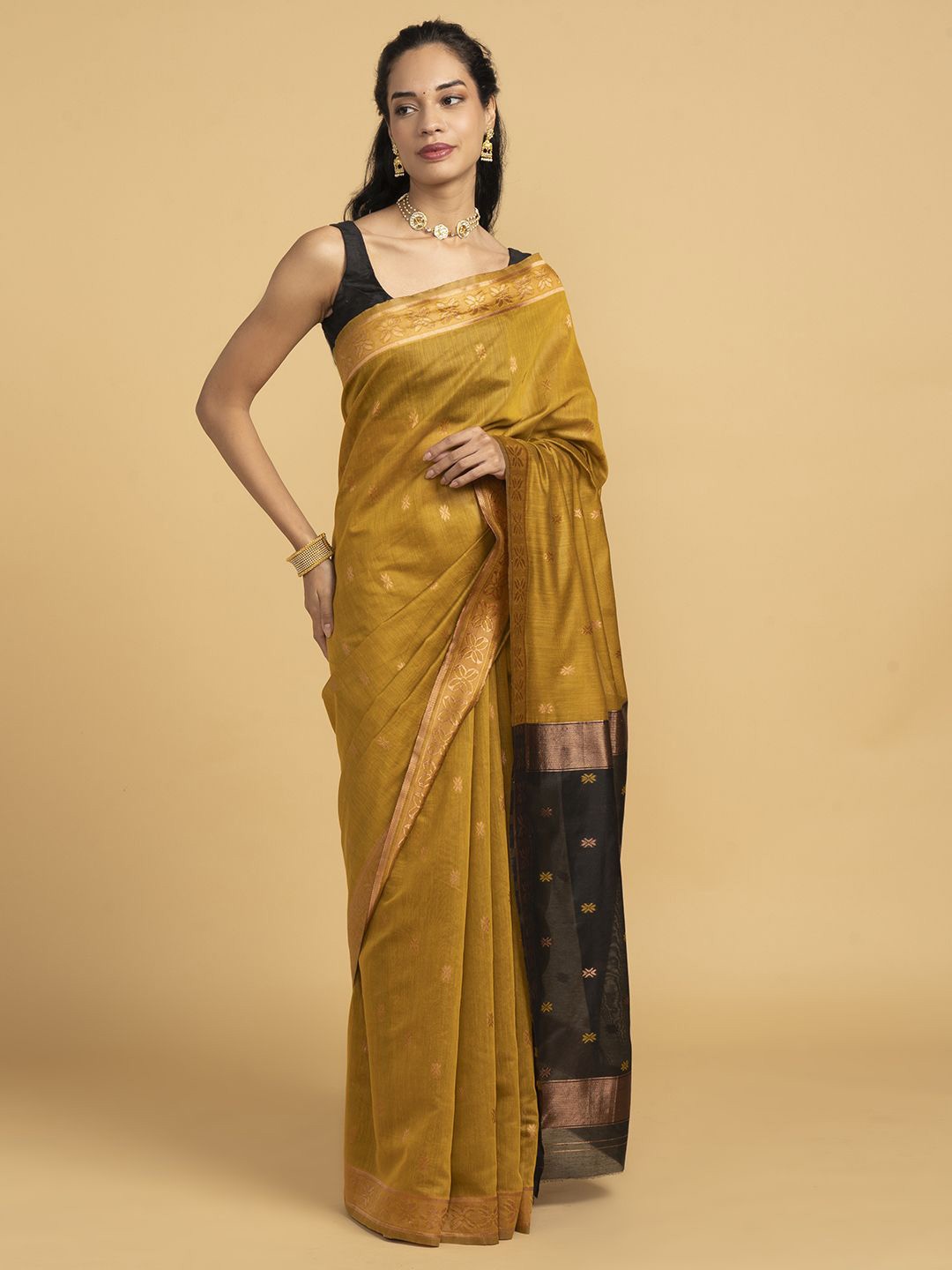 

Saaki Woven Design Zari Silk Cotton Saree, Mustard