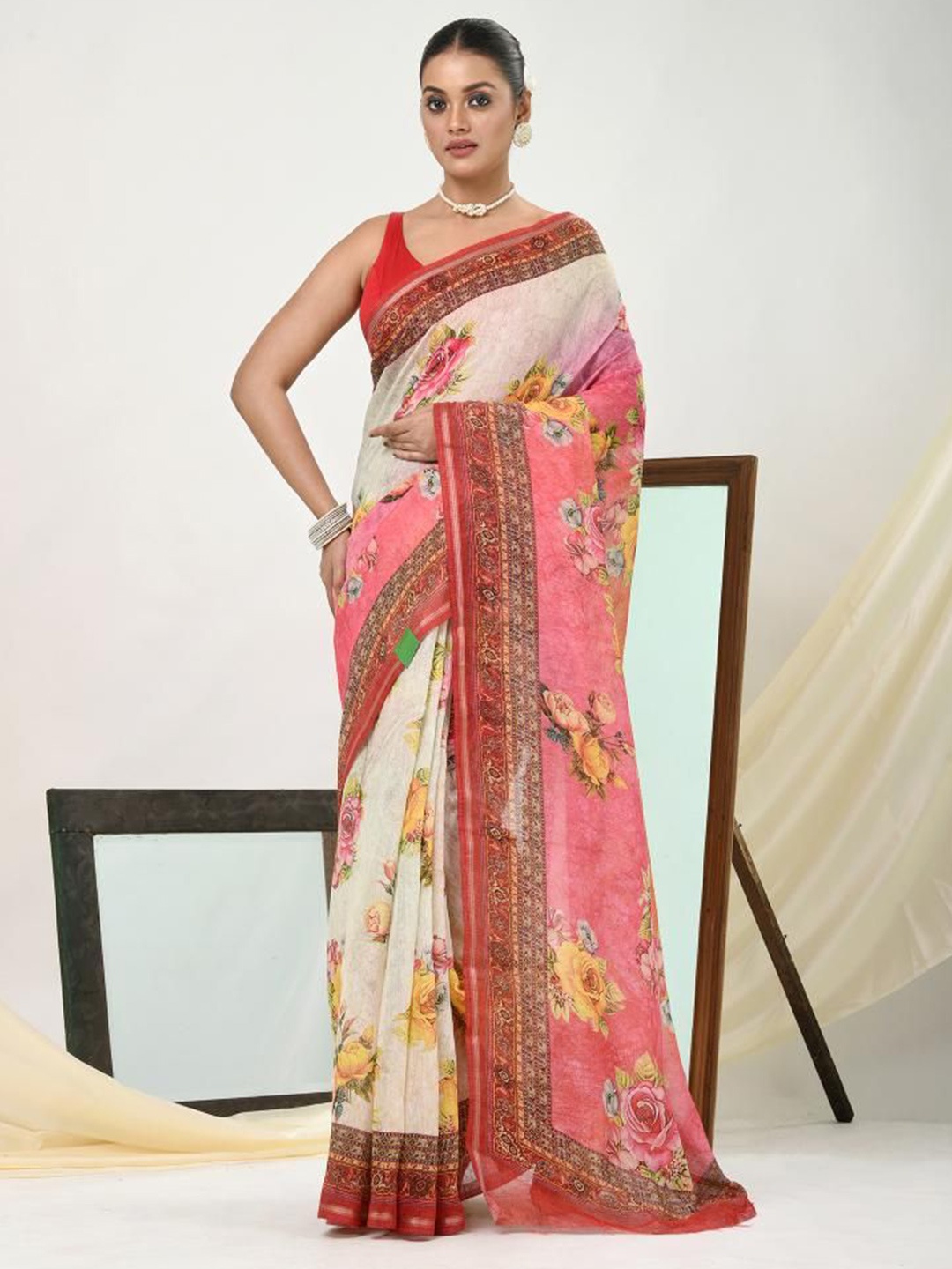 

VIBHAVARI Floral Zari Silk Blend Saree, Beige