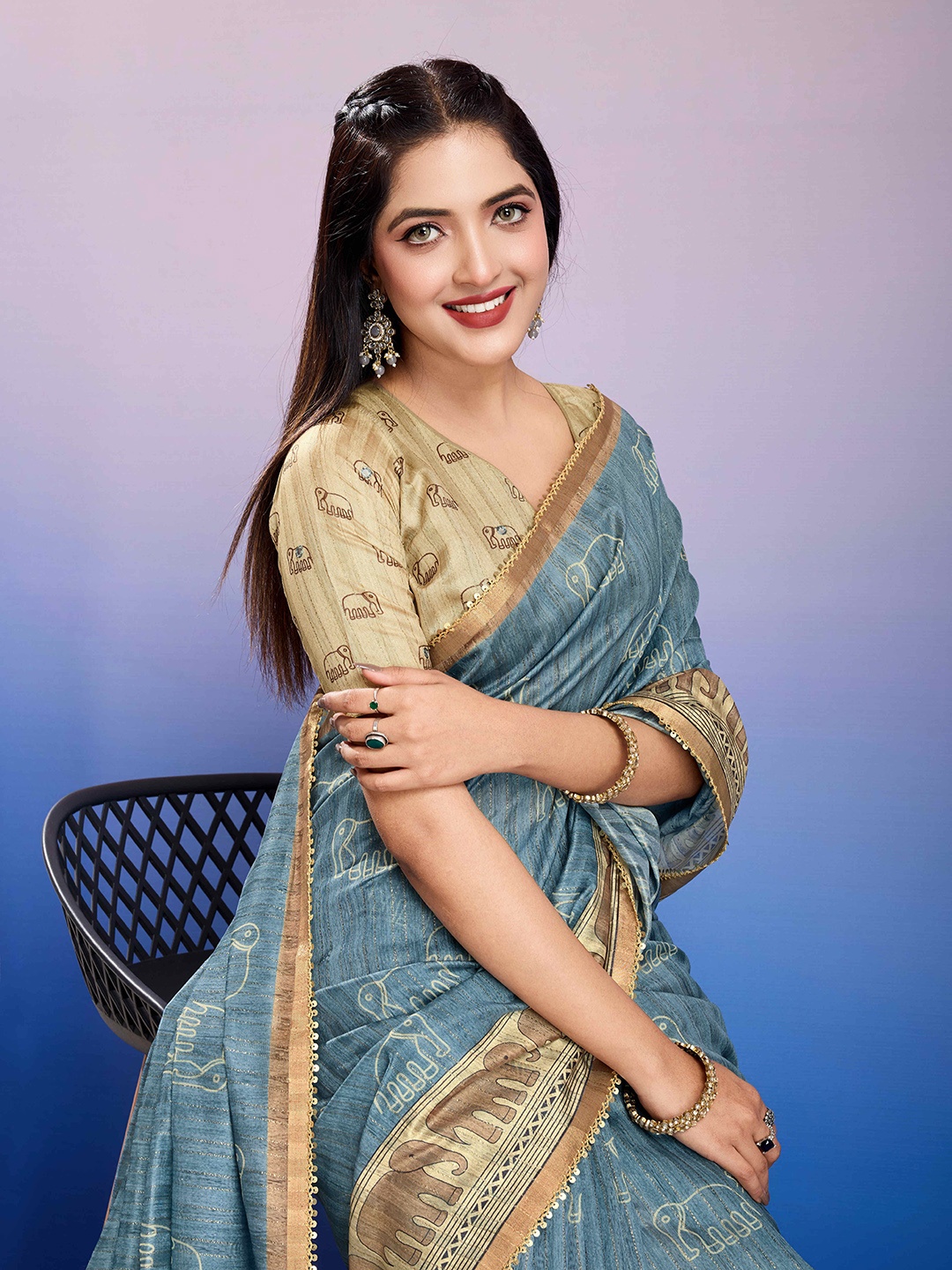 

TASRIKA Ethnic Motifs Mirror Work Mysore Silk Saree, Blue