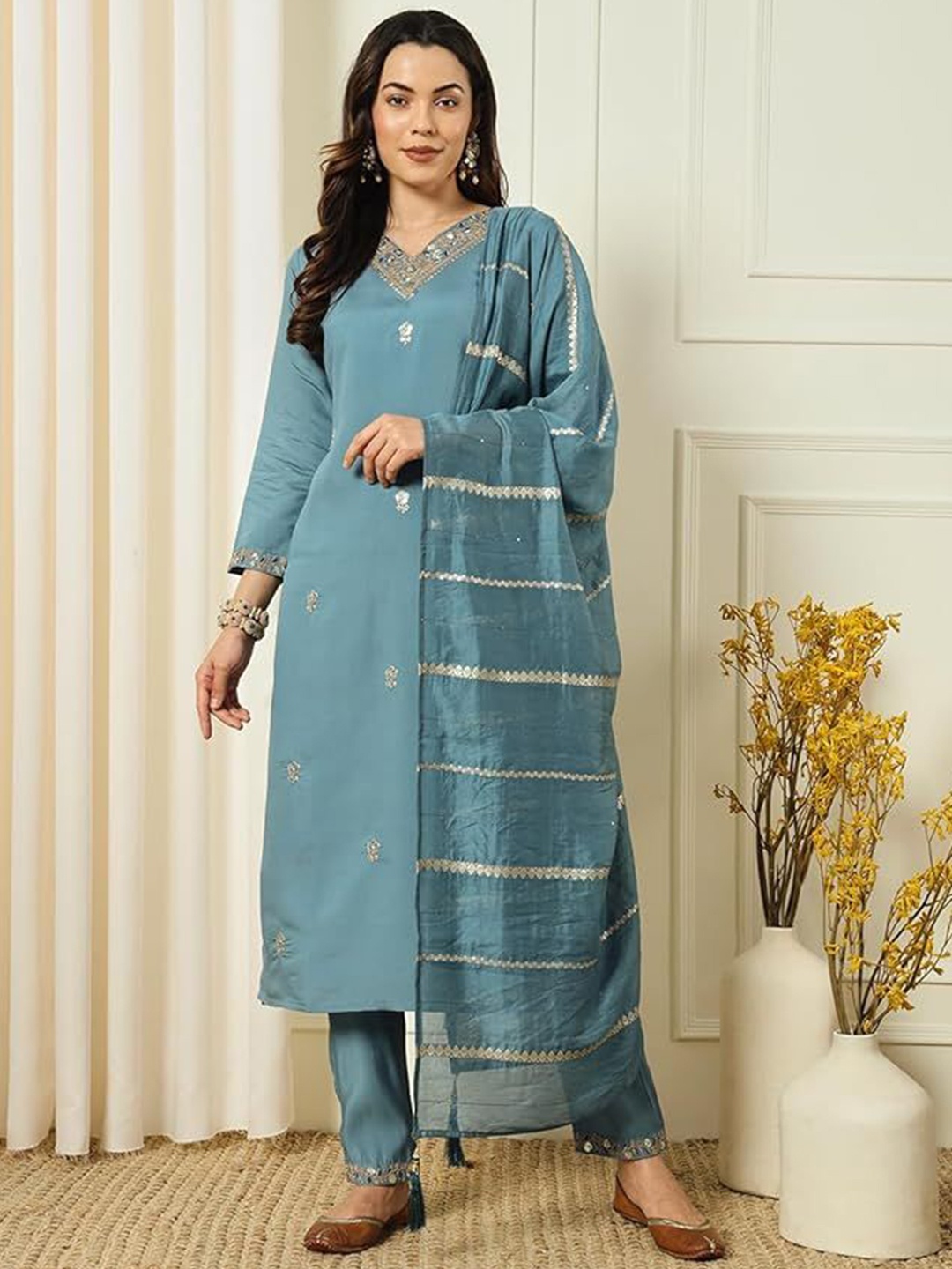 

KALINI Women Ethnic Motifs Embroidered Regular Sequinned Chanderi Silk Kurta with Trousers & With Dupatta, Blue