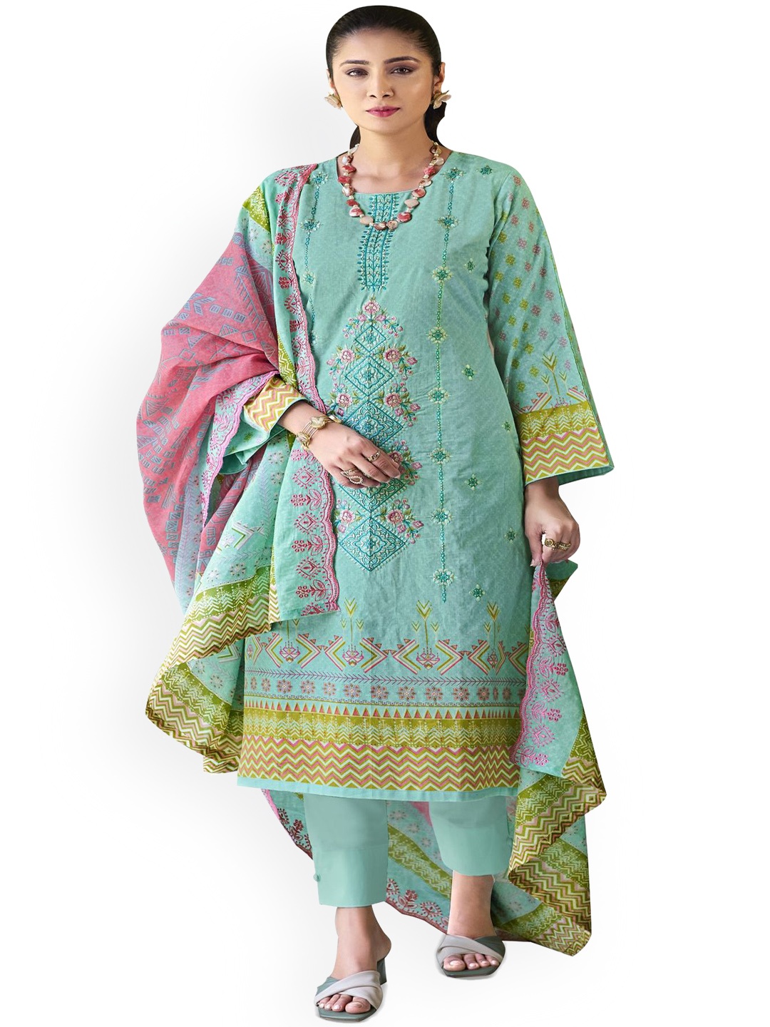 

DRAVINAM Trends Embroidered Pure Cotton Unstitched Dress Material, Green