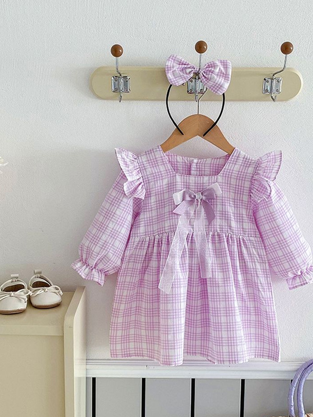 

LULU & SKY Checked Puff Sleeve A-Line Dress, Purple
