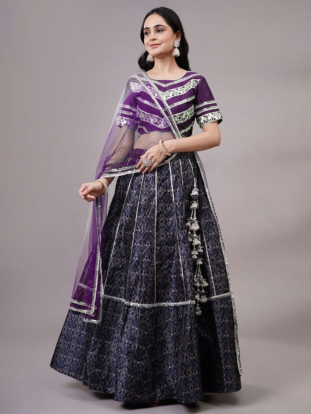 

Utsav Fashion Embroidered Mirror Work Shibori Ready to Wear Lehenga & Choli With Dupatta, Navy blue