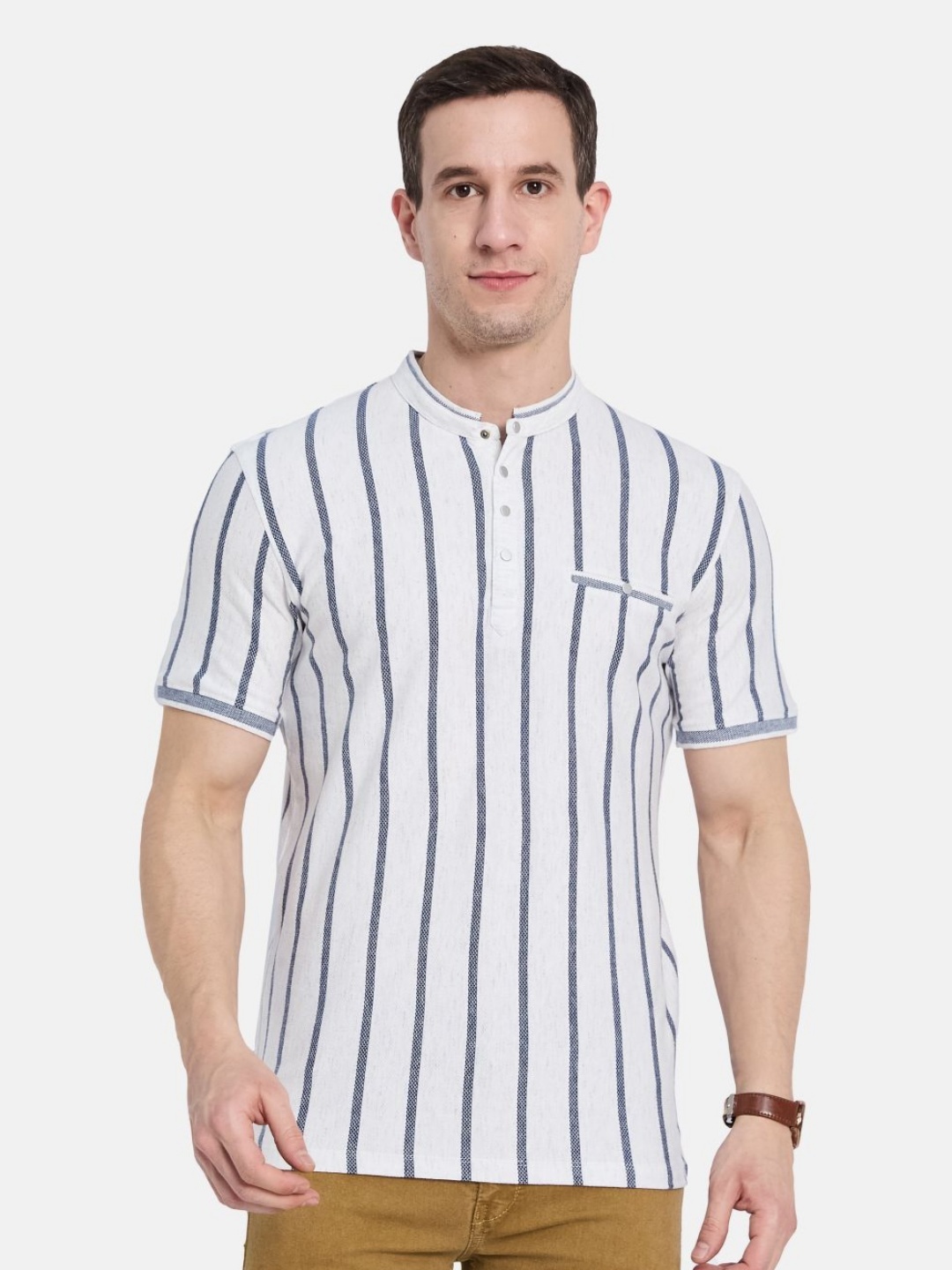 

Octave Men Striped Mandarin Collar T-shirt, White
