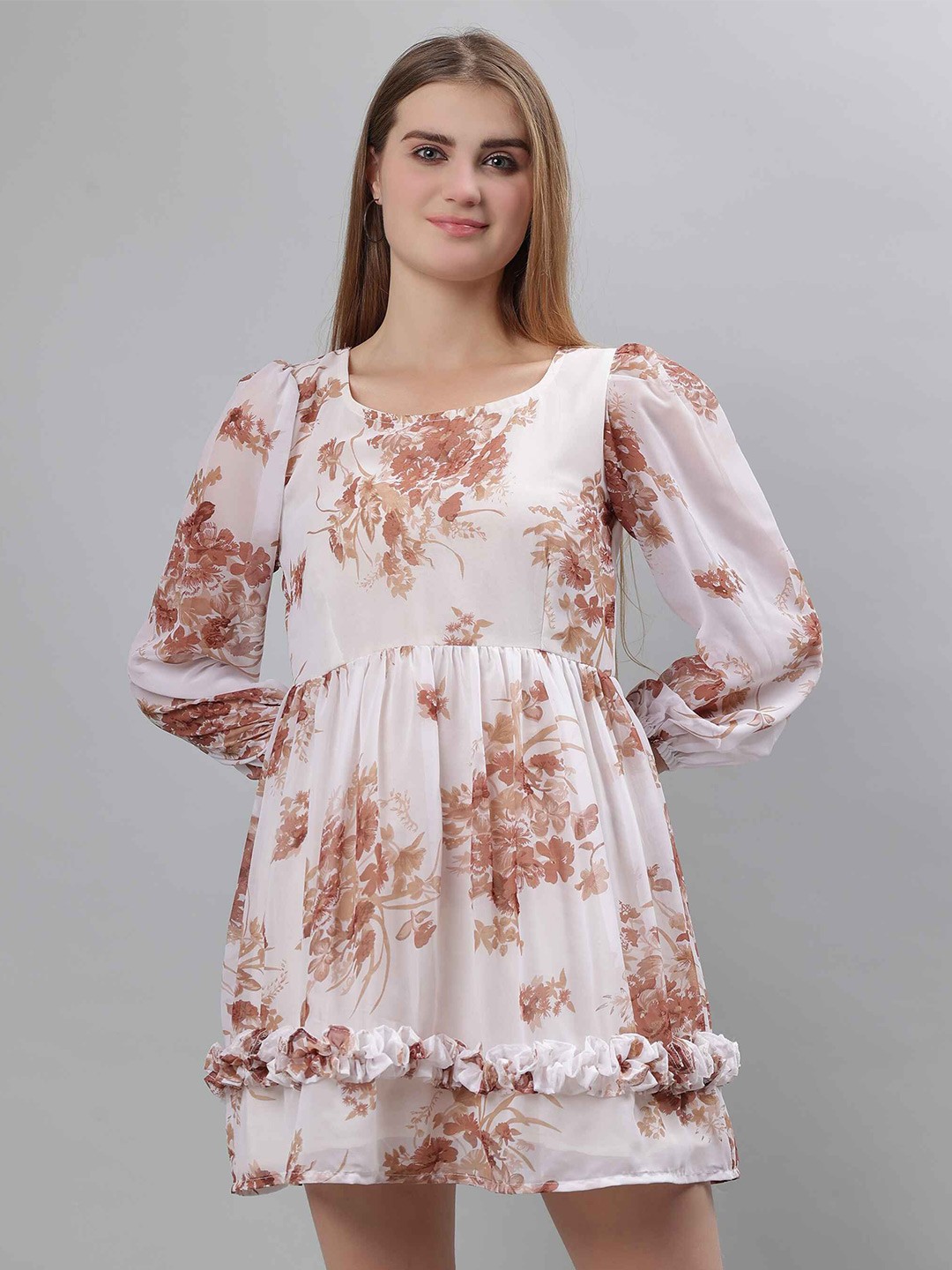 

ETRAANA Floral Print Puff Sleeve Georgette Fit & Flare Midi Dress, Brown