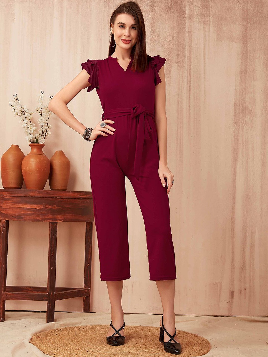 

SHINISHA V-Neck Waist Tie-Ups Basic Jumpsuit, Burgundy