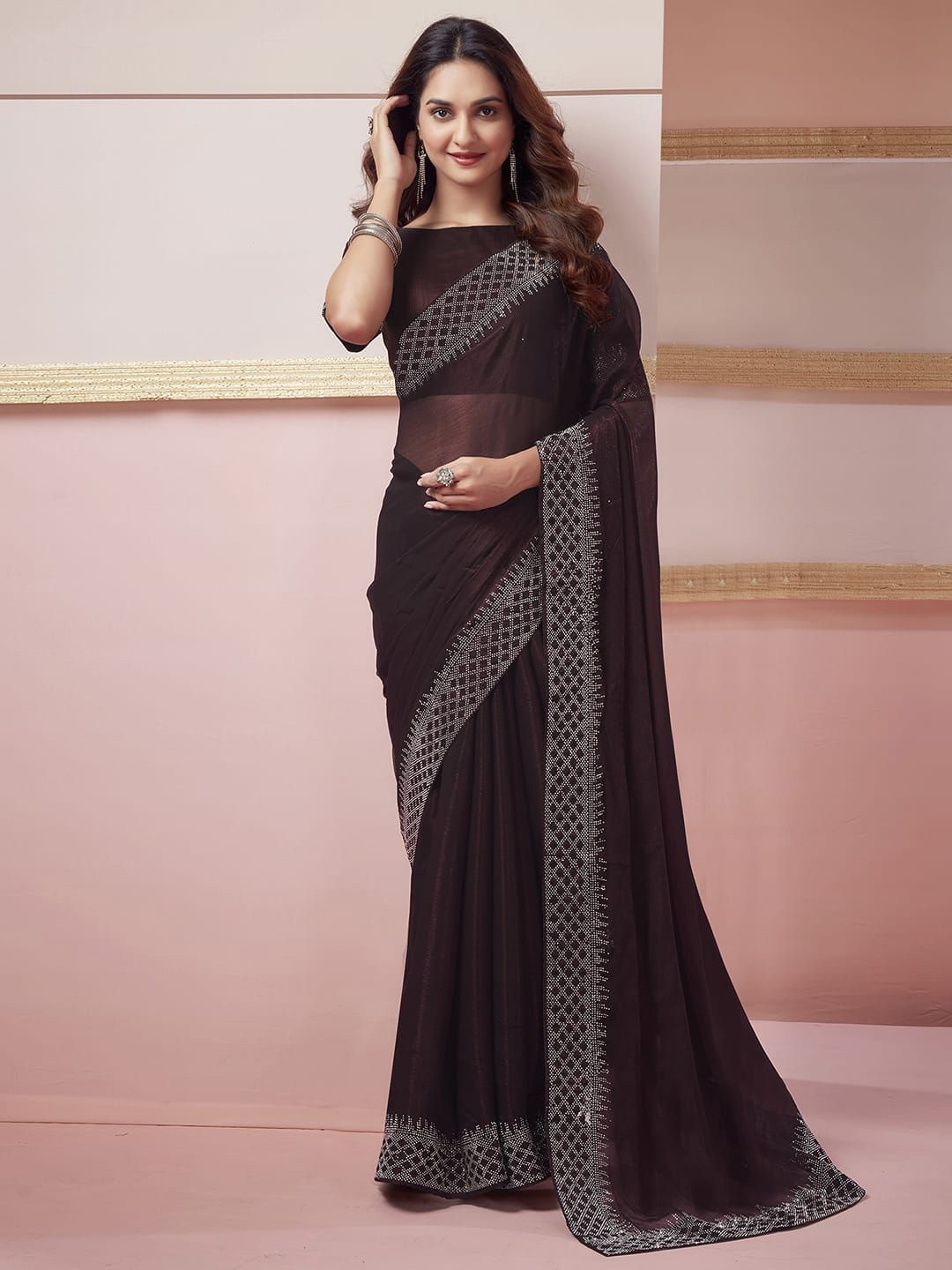 

DIVASTRI Beads and Stones Pure Chiffon Designer Saree, Brown