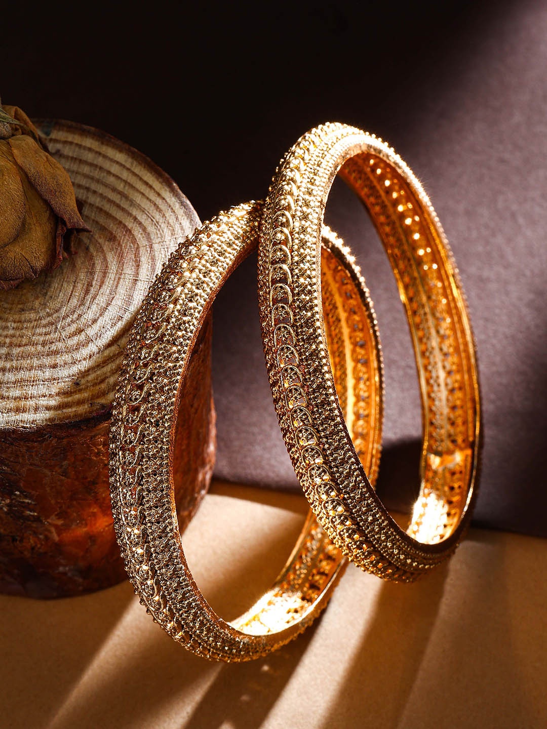 

South Temple Jewellery Set Of 2 Gold Plated Textured Bangles