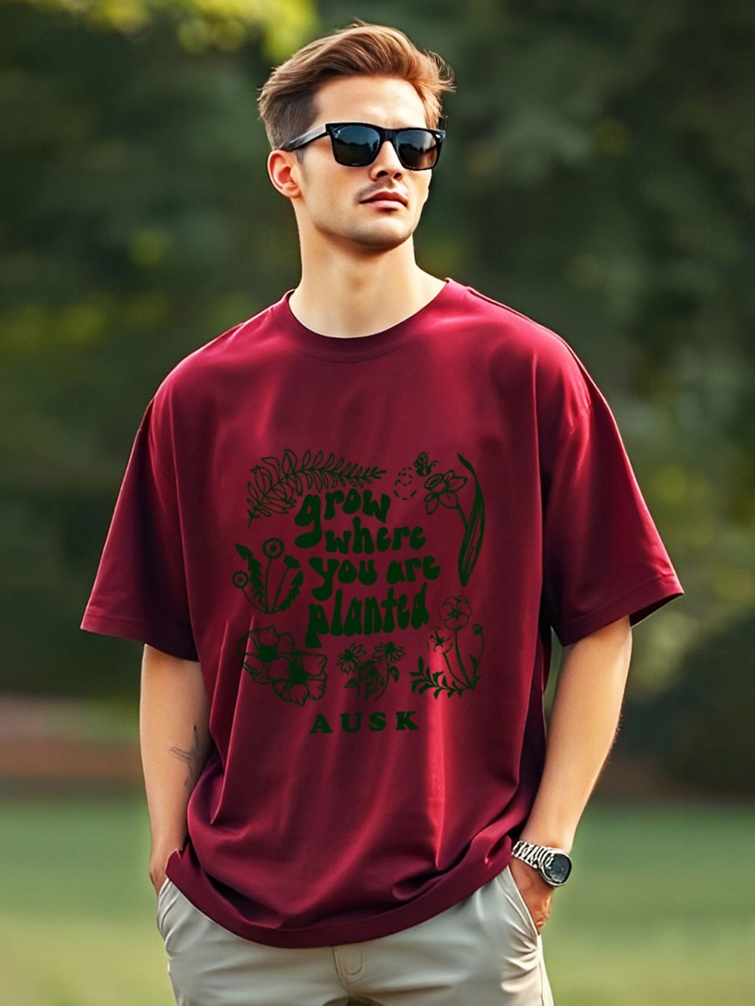 

AUSK Men Typography Printed Applique T-shirt, Maroon