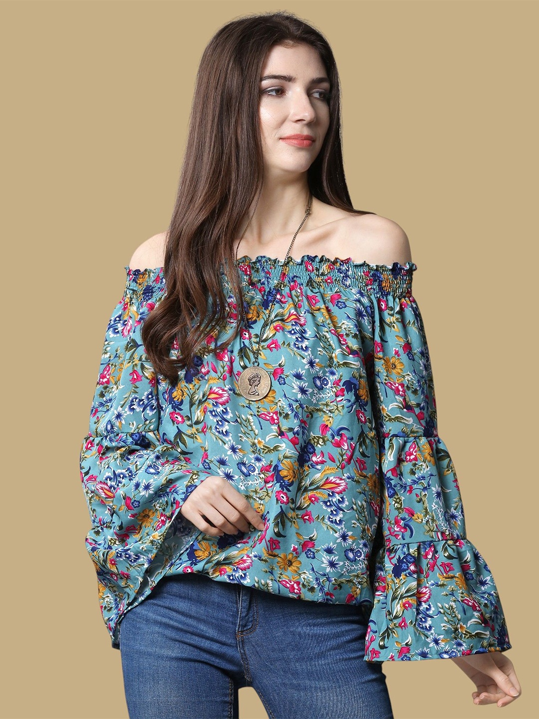 

Chemistry Floral Print Off-Shoulder Flared Sleeve Smocked Crepe Top, Blue