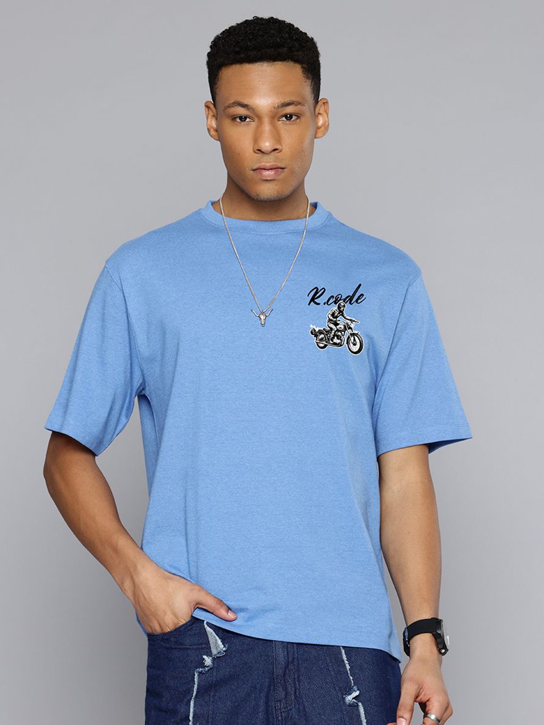 

R.Code by The Roadster Life Co. Men Printed Raw Edge T-shirt, Blue