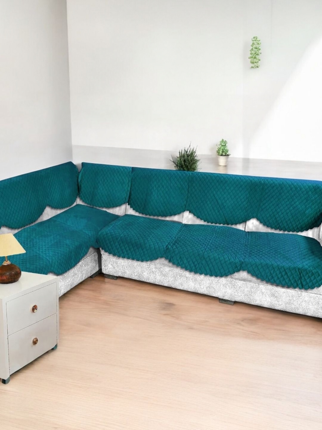 

BIGGER FISH Green Checked Velvet Sofa Cover