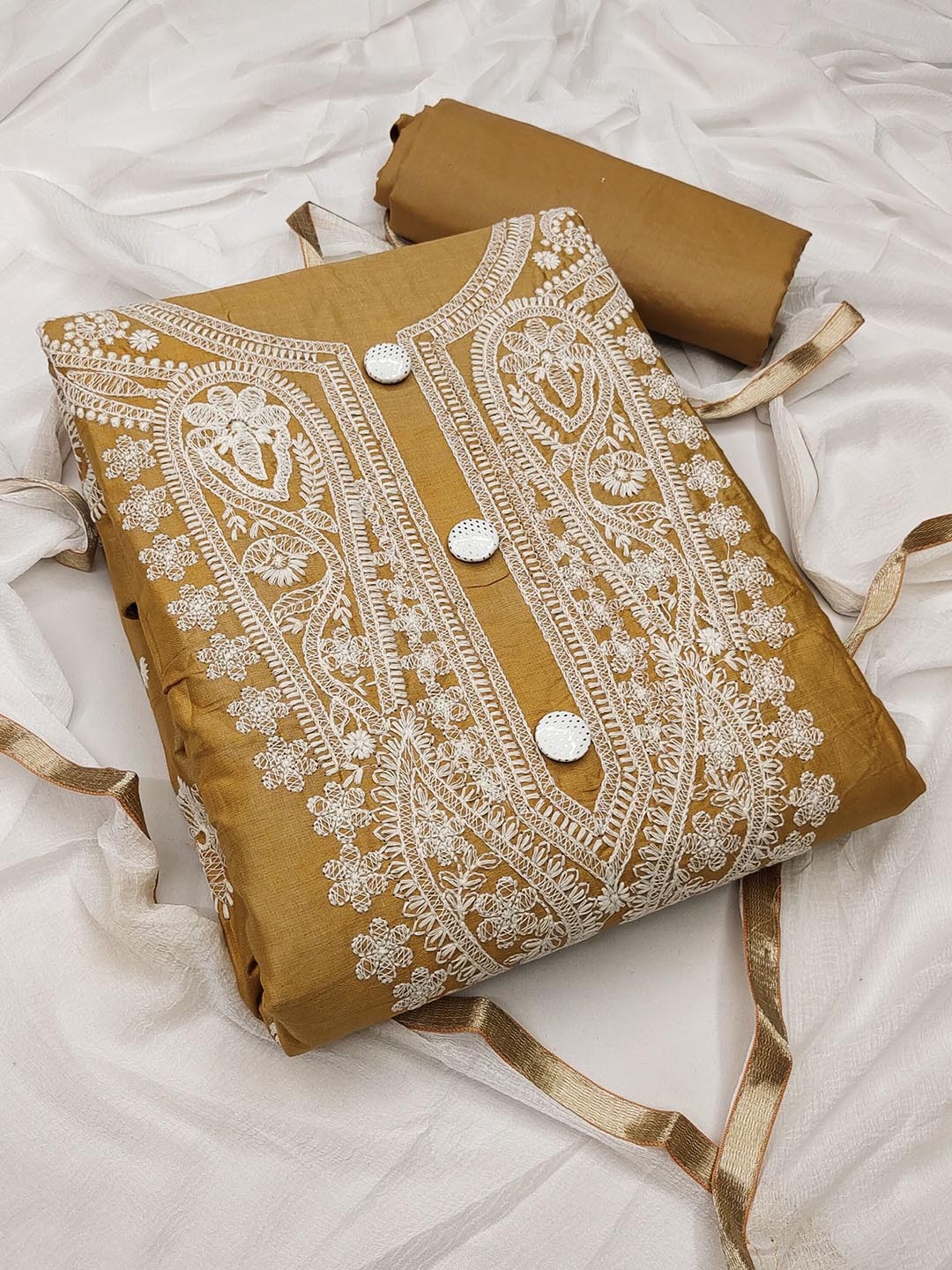 

SAINOOR Embroidered Semi-Stitched Dress Material, Beige