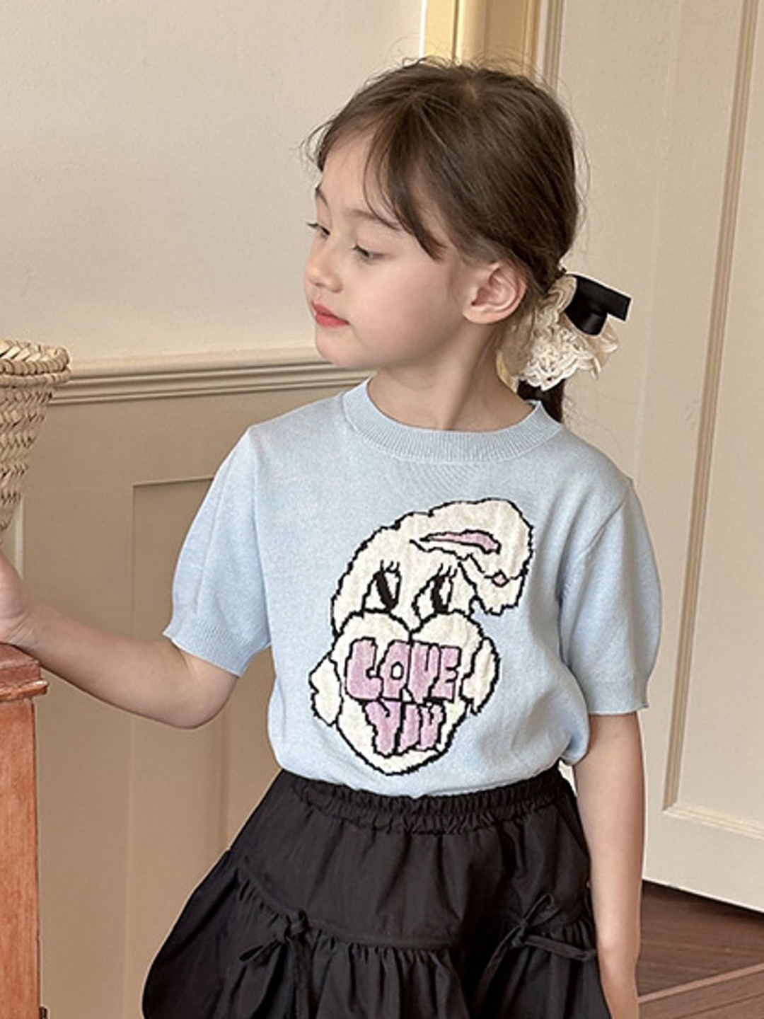 

LULU & SKY Girls Typography Printed Drop-Shoulder Sleeves Pockets T-shirt, Blue