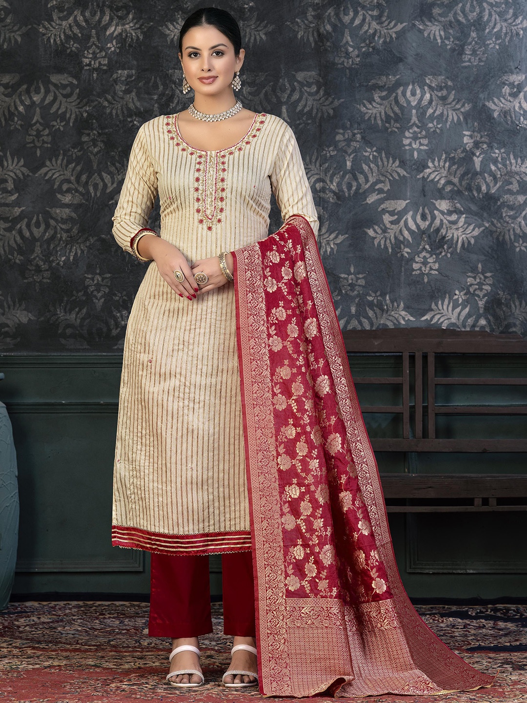 

SAINOOR Embellished Pure Cotton Semi-Stitched Dress Material, Beige