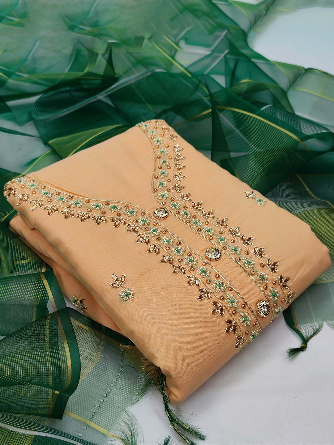

SAINOOR Embellished Semi-Stitched Dress Material, Peach