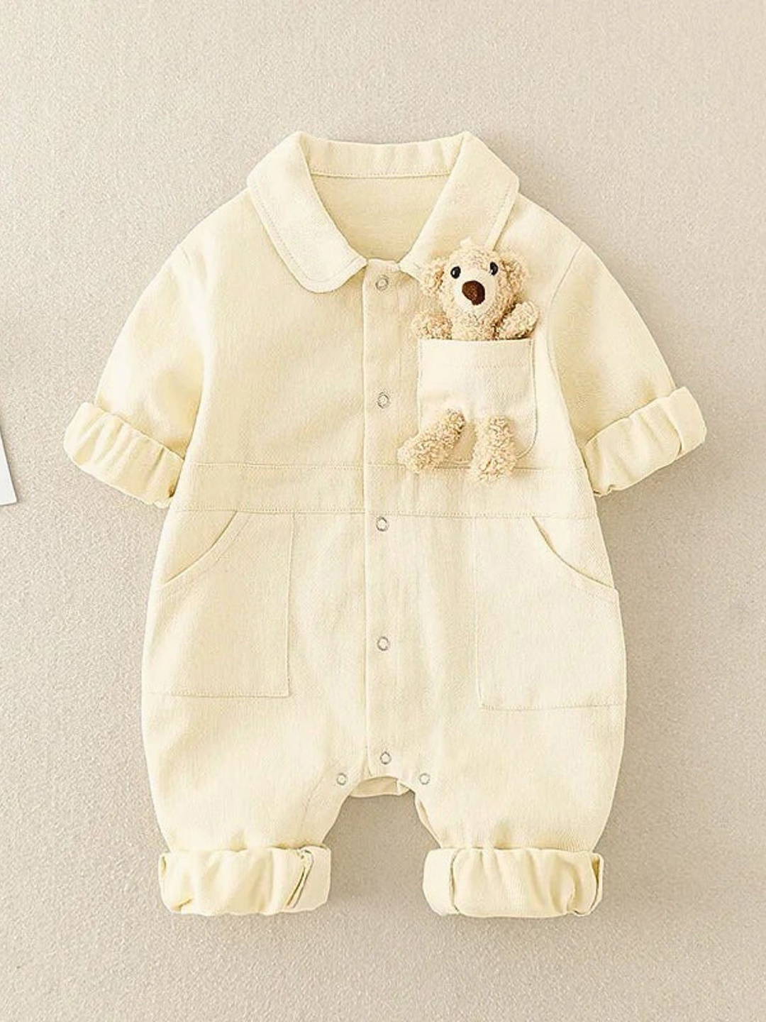 

Ju Ju Jam Infants Shirt Collar Romper With 3D Teddy Bear, Beige