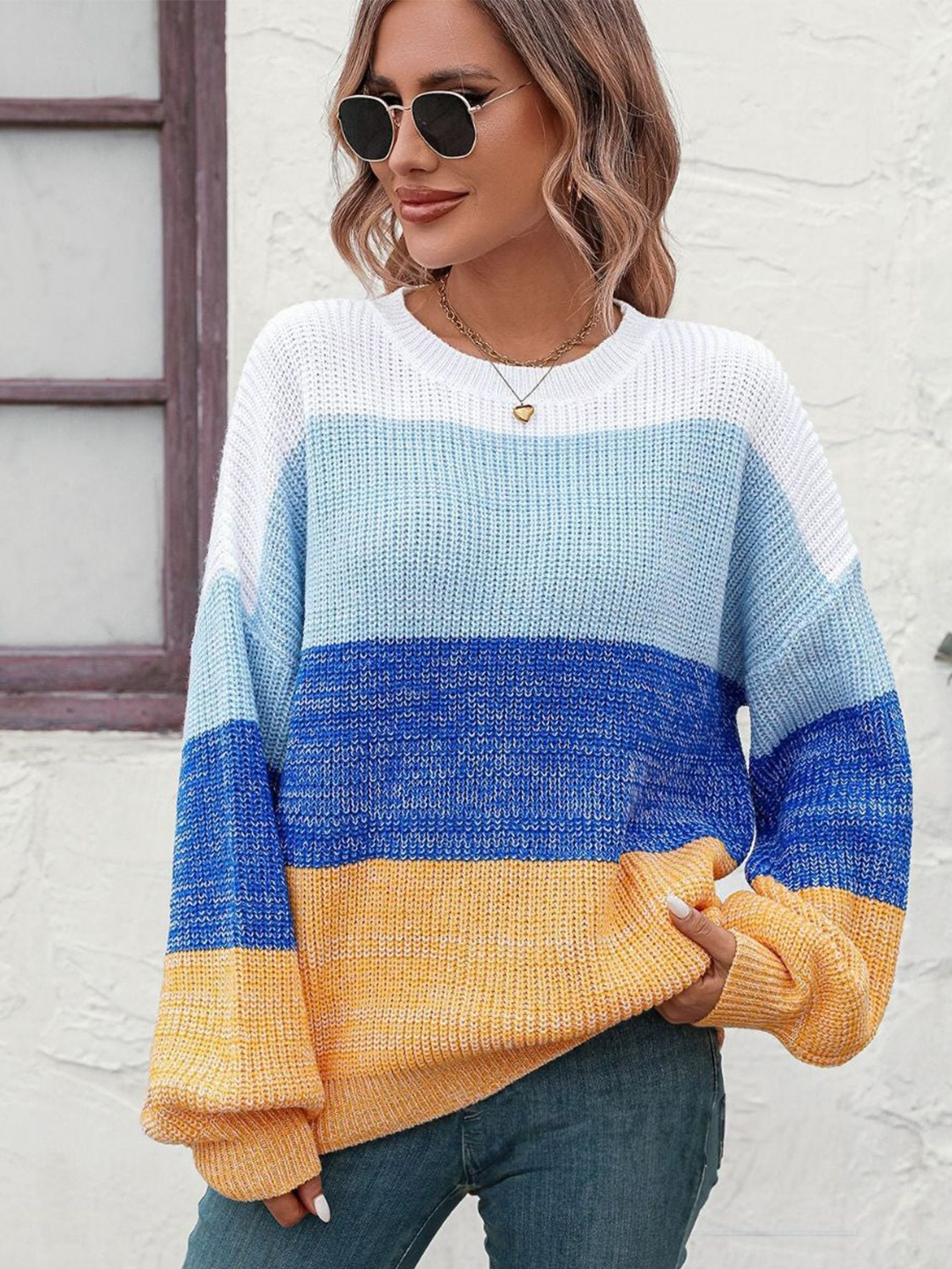 

Oh Rare Women Colourblocked Pullover, Blue