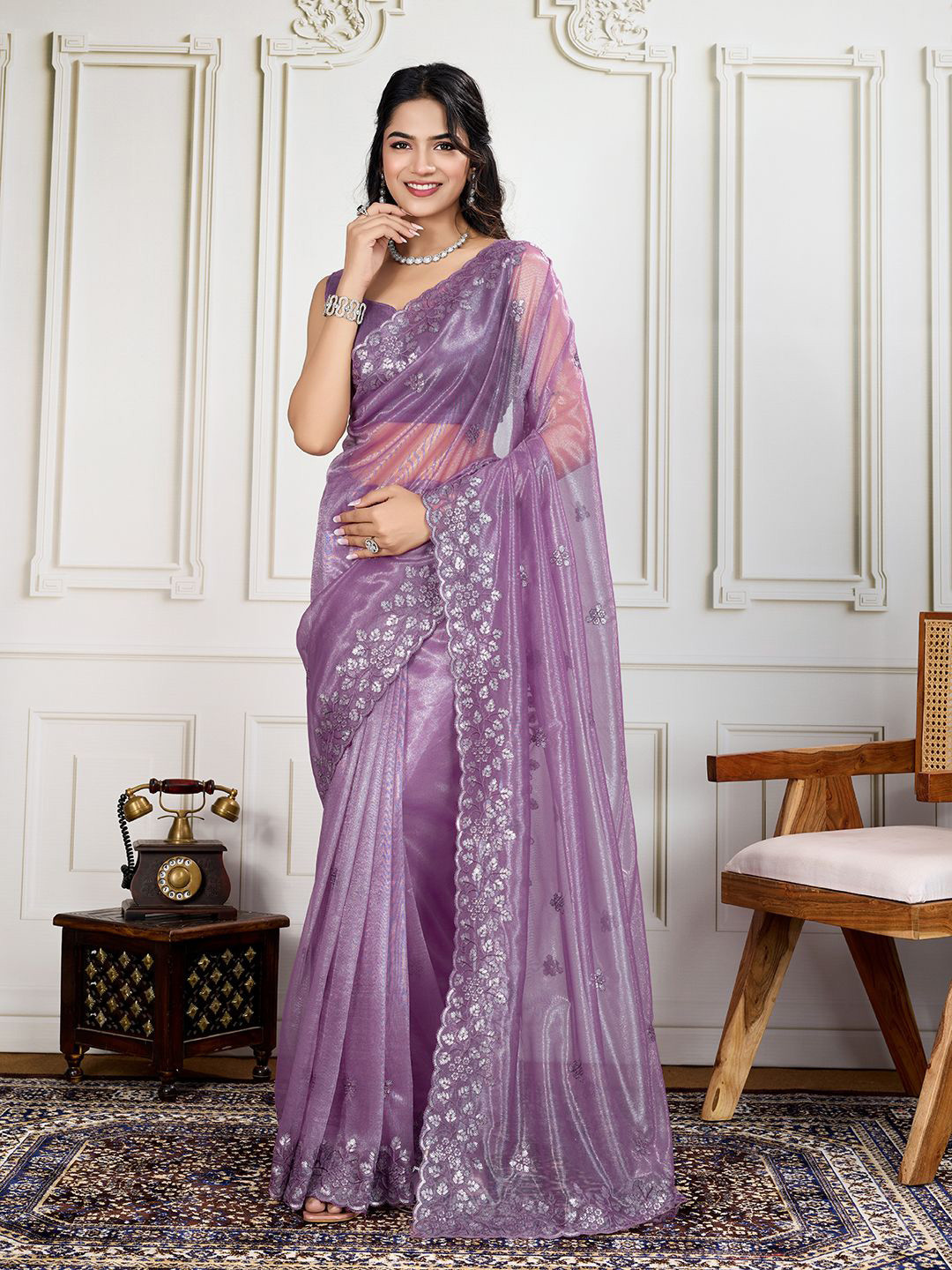 

House of Pataudi Embroidered Work Saree With Blouse Piece, Lavender