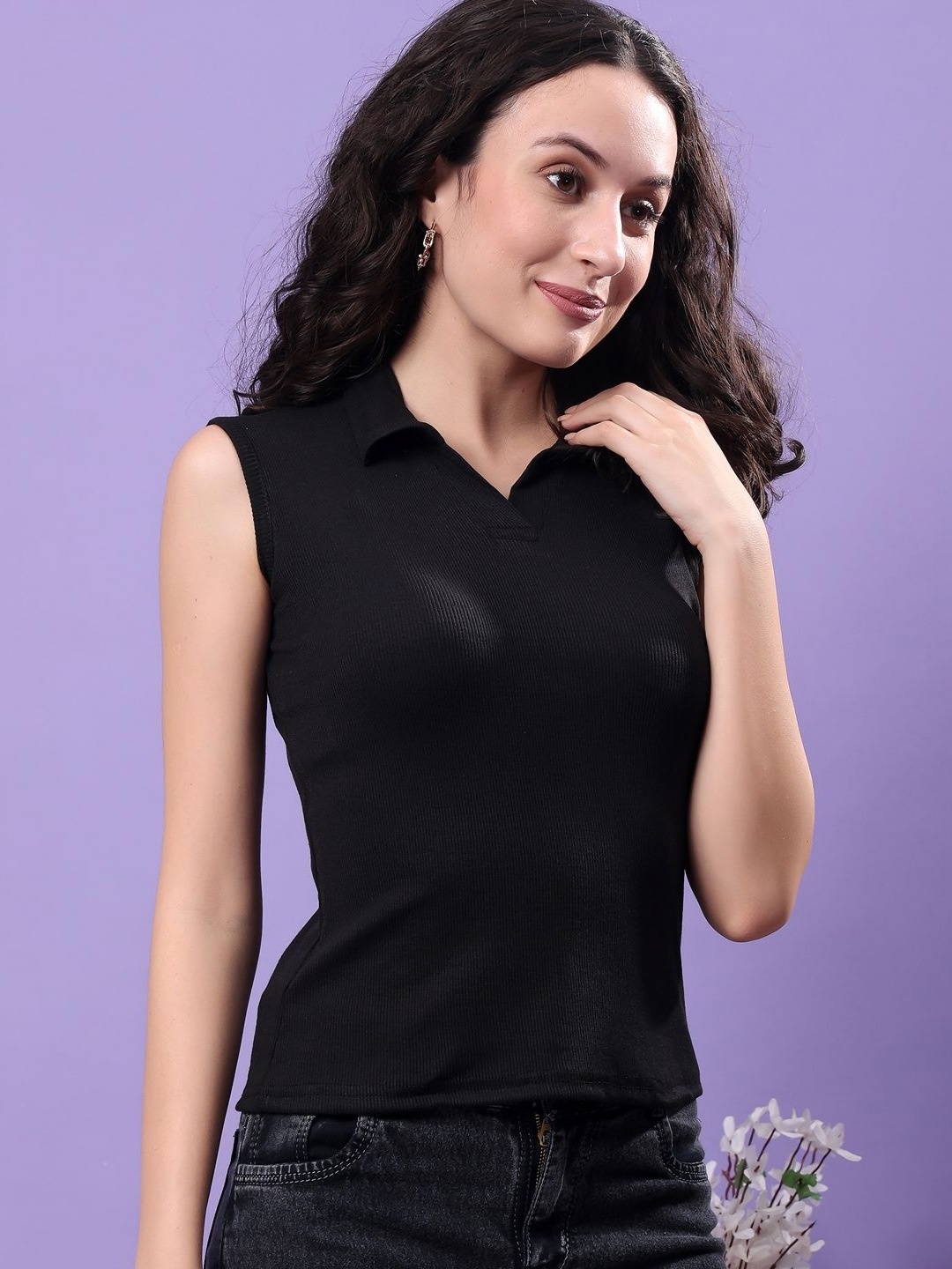 

Ajolli Women Polo Collar T-shirt, Black