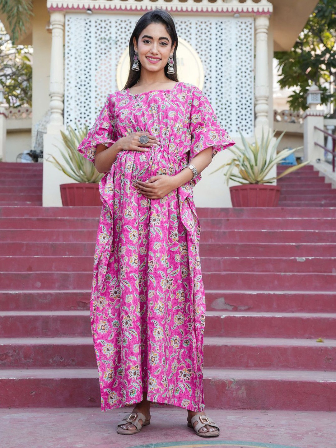 

Aujjessa Floral Print Maternity Kaftan Maxi Dress, Pink