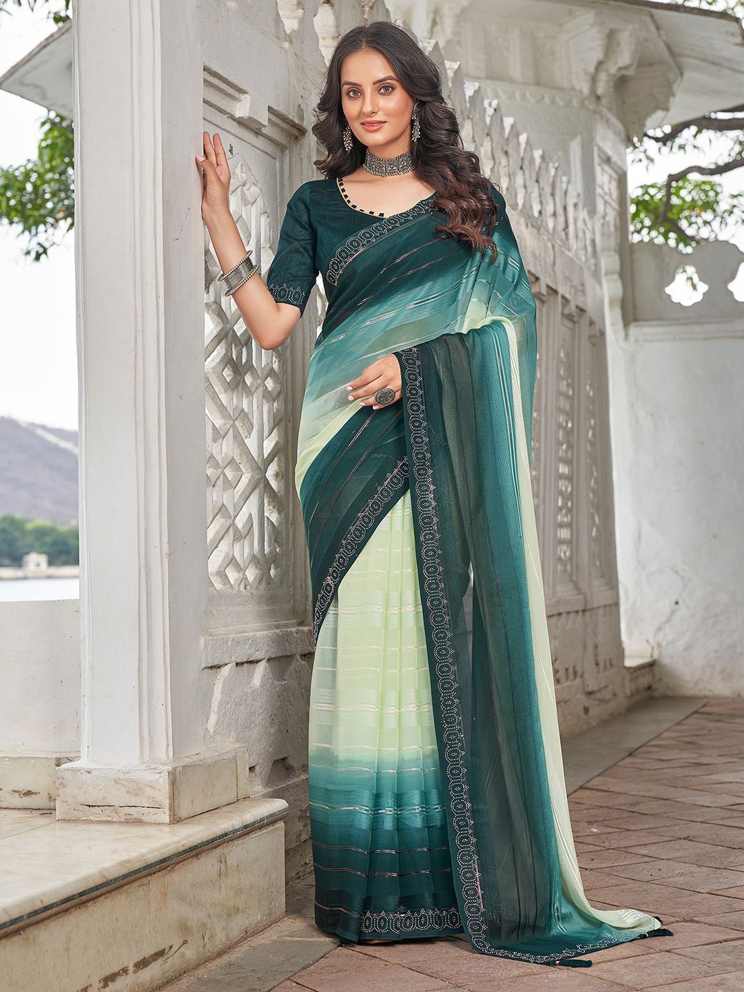 

DIVASTRI Striped Beads and Stones Pure Georgette Saree, Lime green