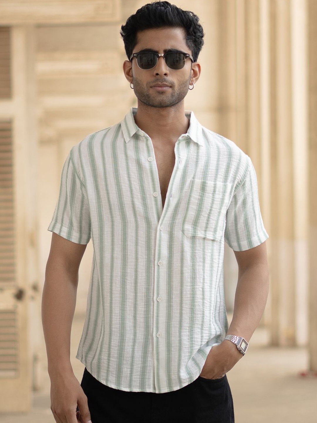

Powerlook Men Horizontal Stripes Opaque Striped Casual Shirt, Green