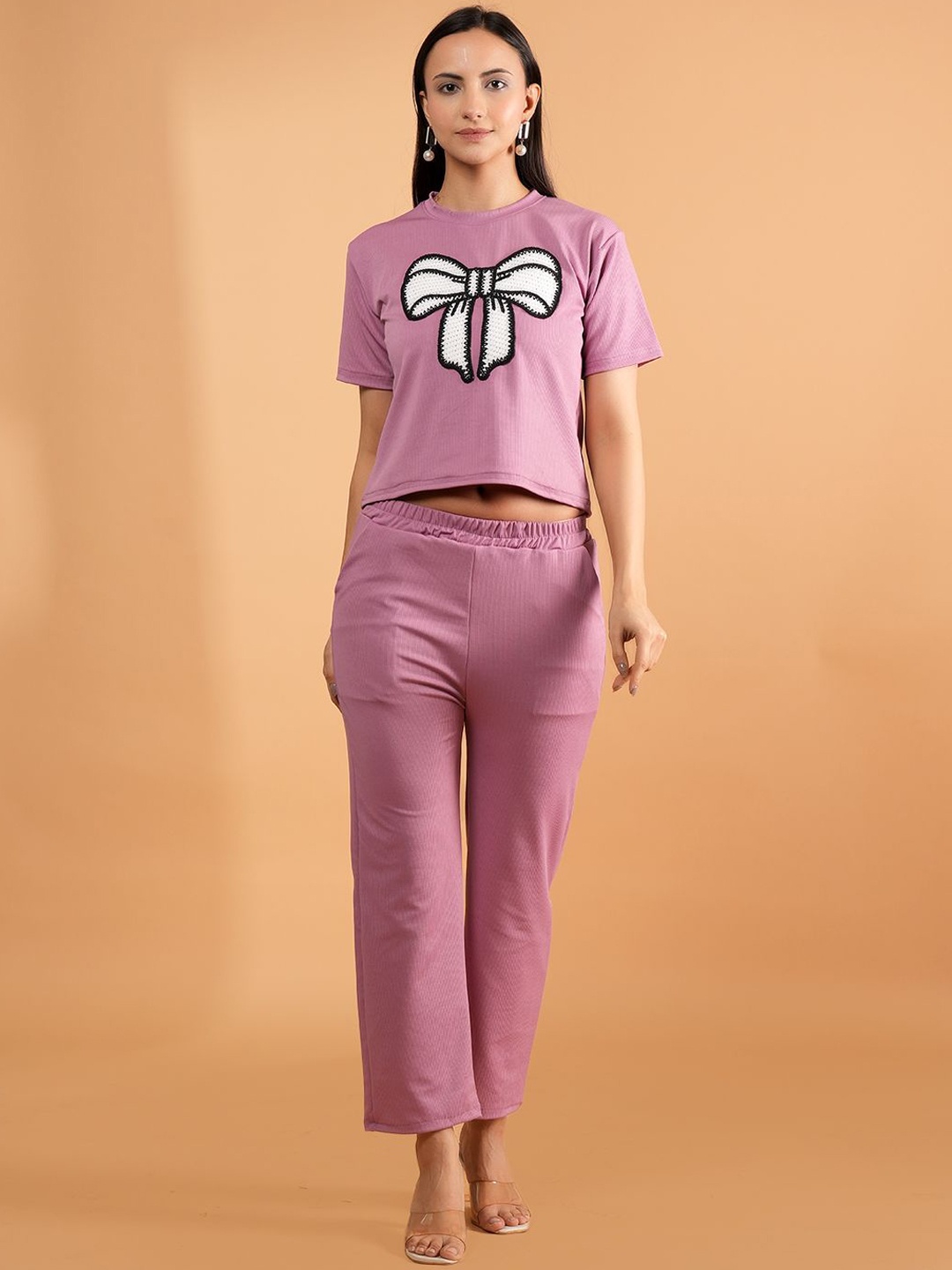 

Dreambe Printed Round Neck T-shirt with Trousers Co-Ords, Pink