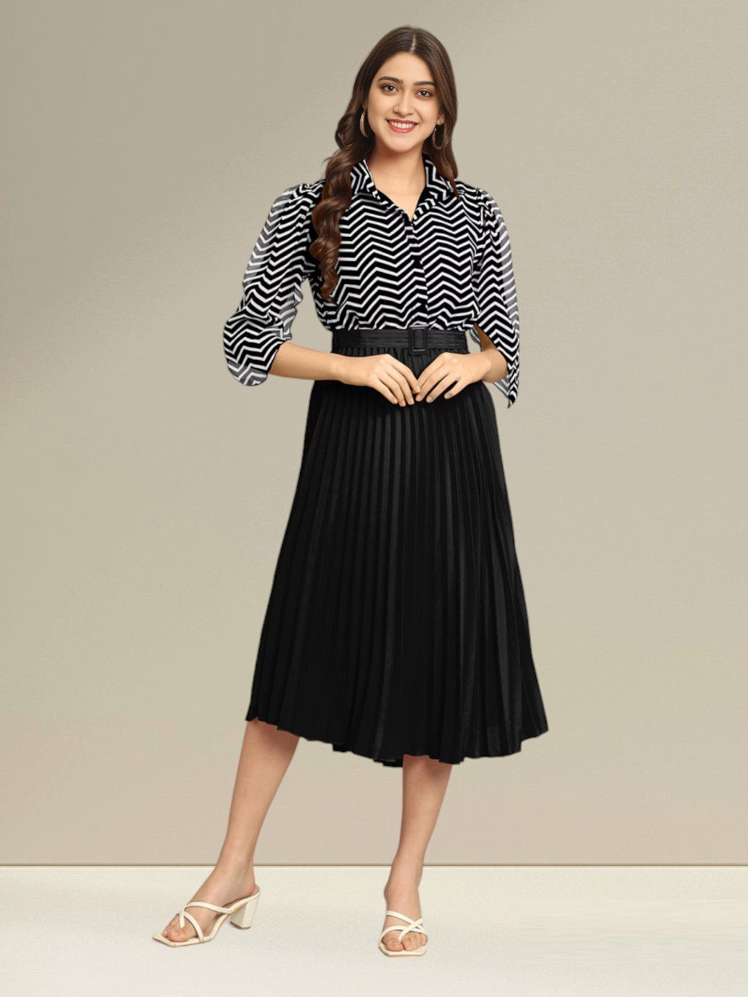 

Raiyani Fashion Striped Applique Georgette Fit & Flare Midi Dress, Black