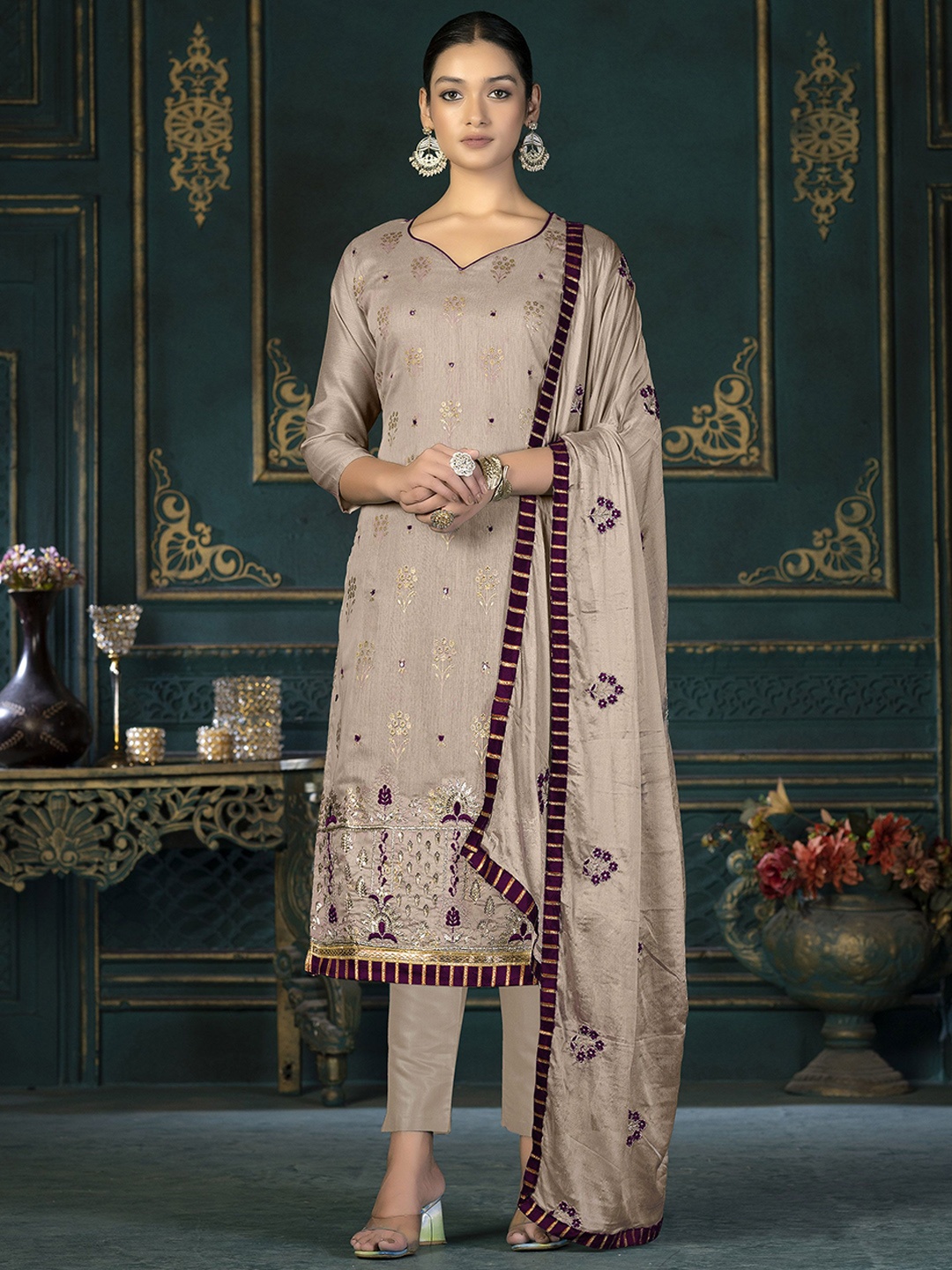 

SAINOOR Embroidered Semi-Stitched Dress Material, Beige