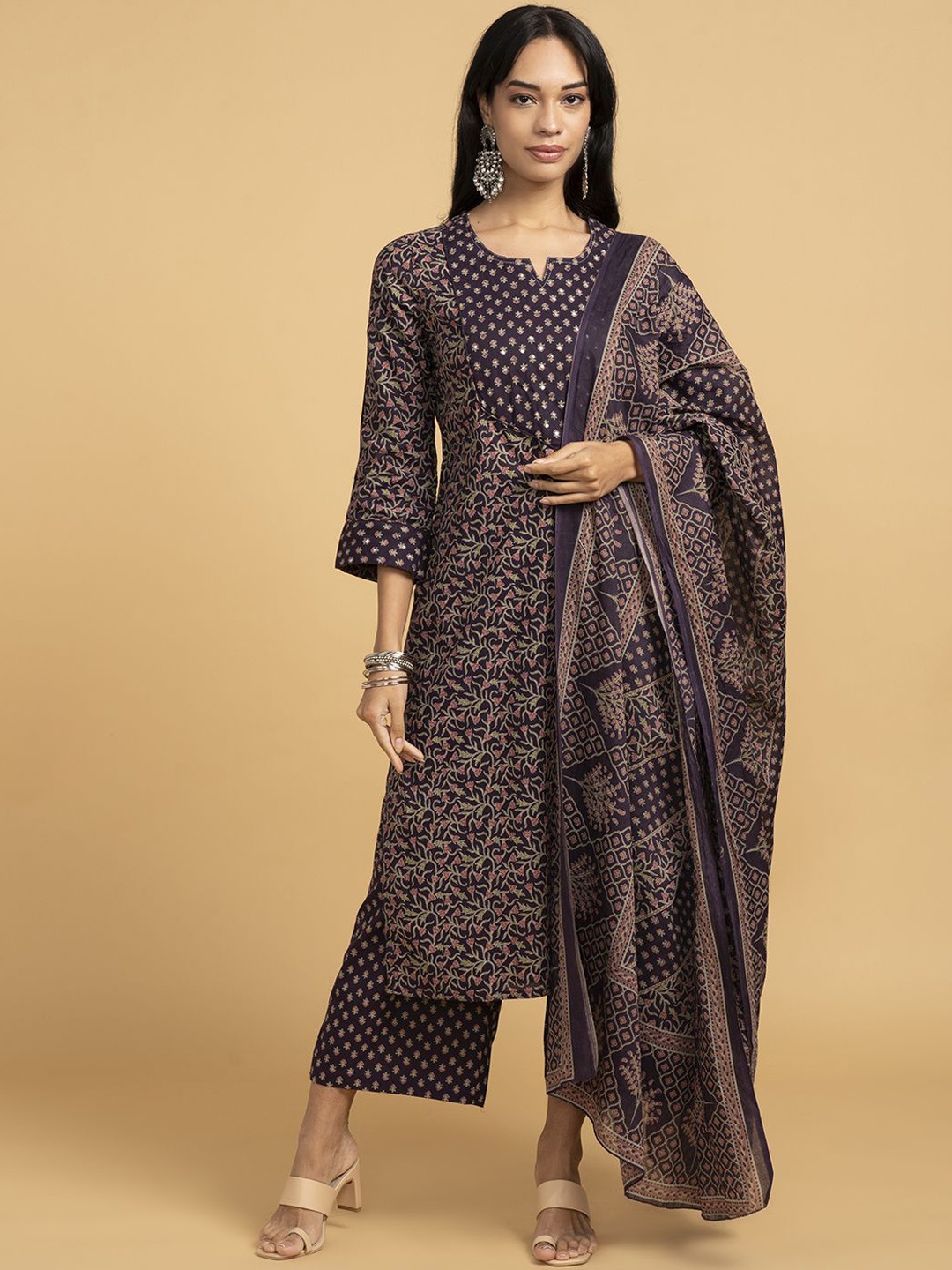 

Saaki Women Ethnic Motifs Printed Regular Kurta with Palazzos & With Dupatta, Purple