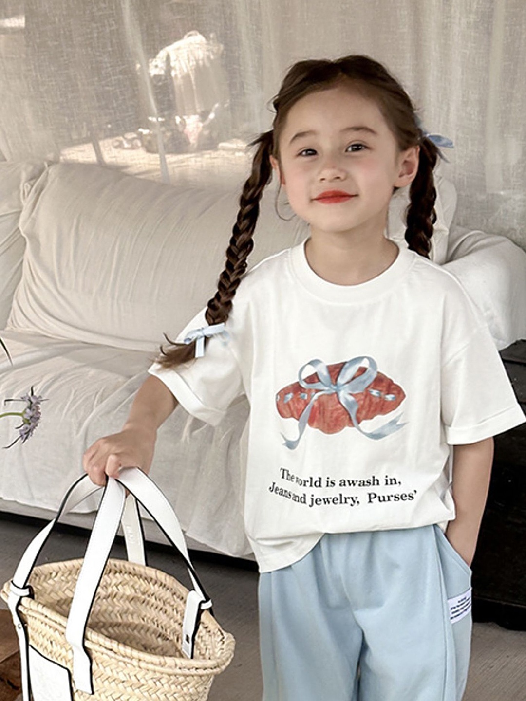 

LULU & SKY Girls Printed Pure Cotton Pockets T-shirt, White