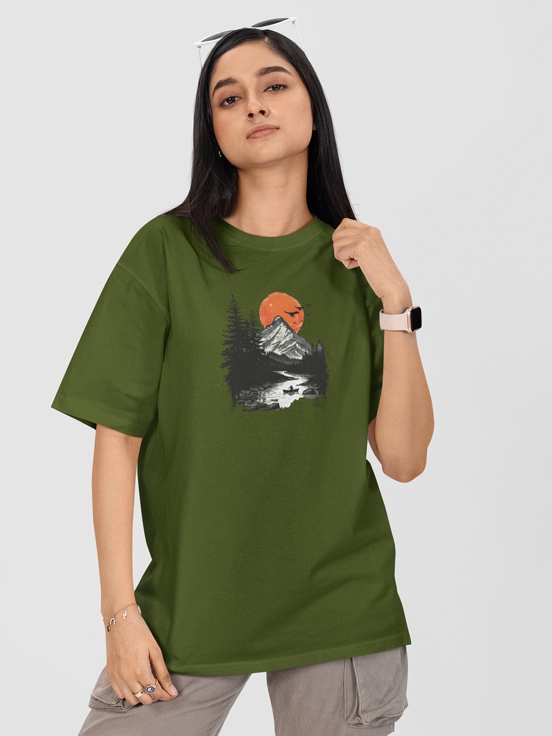 

Moda Rapido Women Printed Drop-Shoulder Sleeves Applique T-shirt, Green