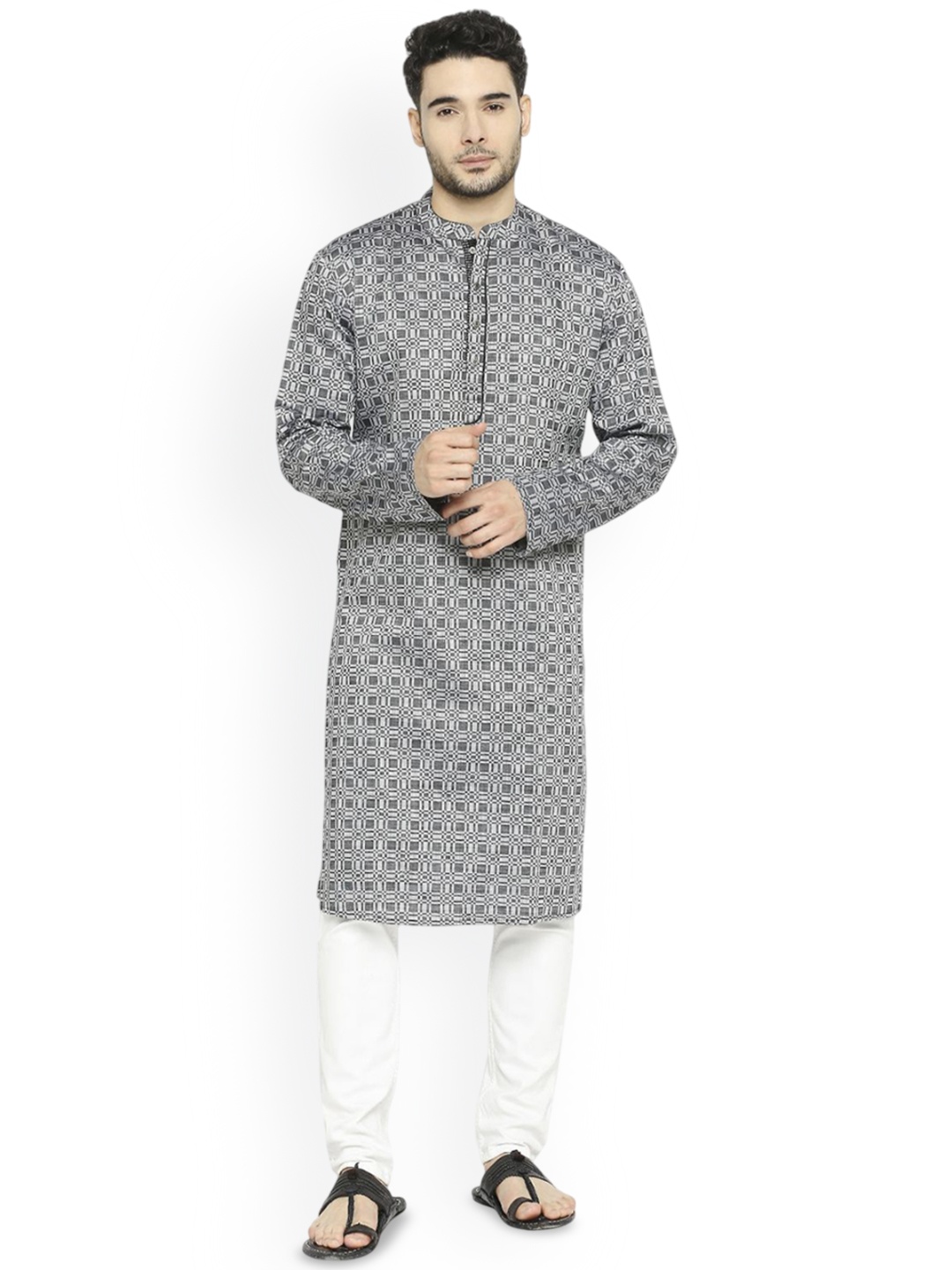 

Arch element Men Geometric Thread Work Anarkali Kurta, Black