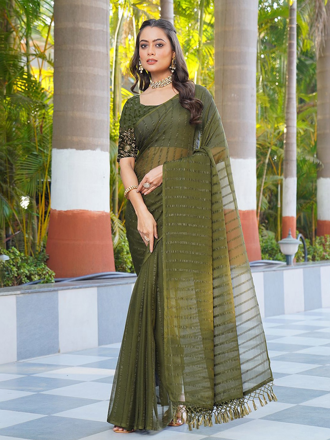 

A.V.M. SILK MILLS Striped Pure Chiffon Saree, Green