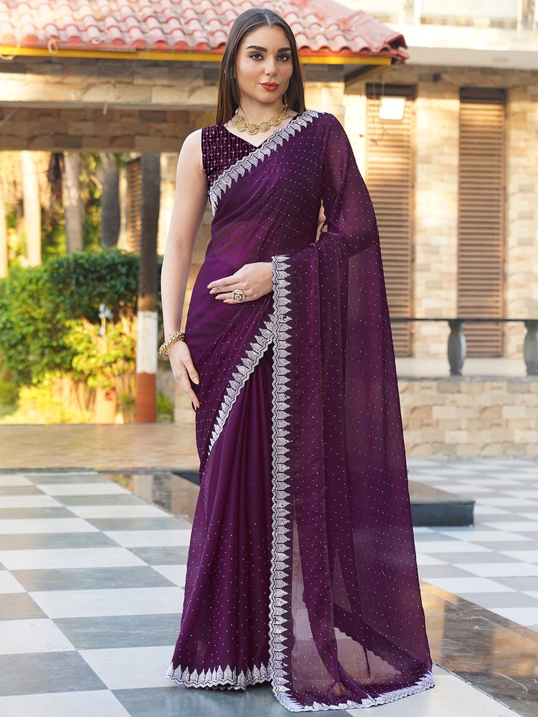 

NIRMAL CREATION Embellished Beads and Stones Pure Chiffon Saree, Purple