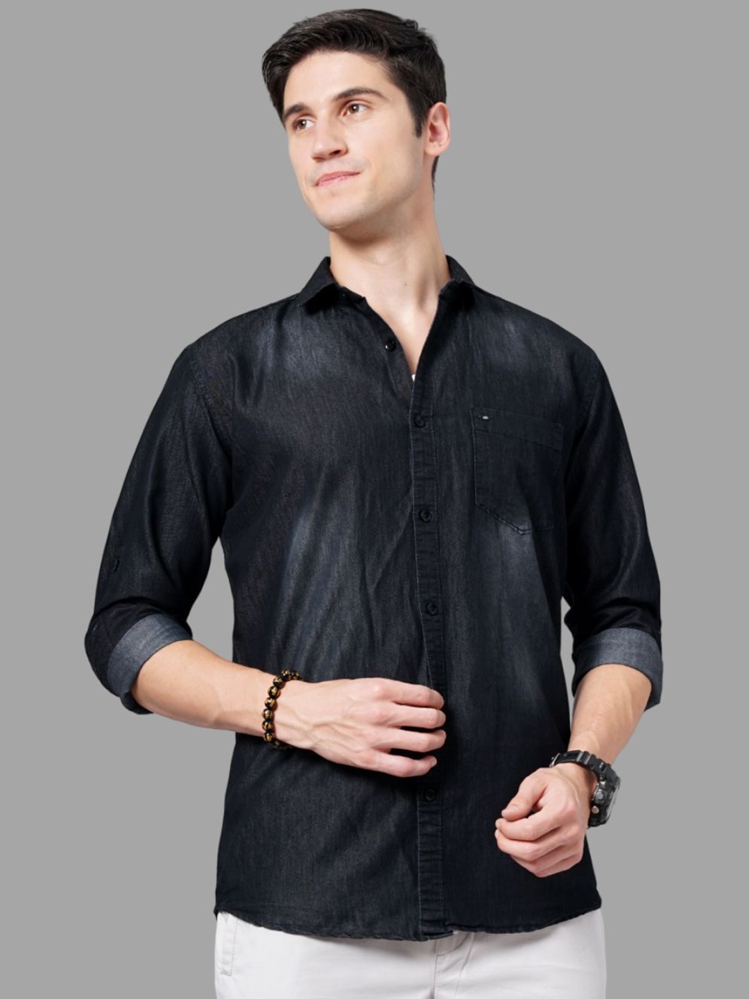 

FASHION GRAB Men Faded Opaque Faded Casual Shirt, Black