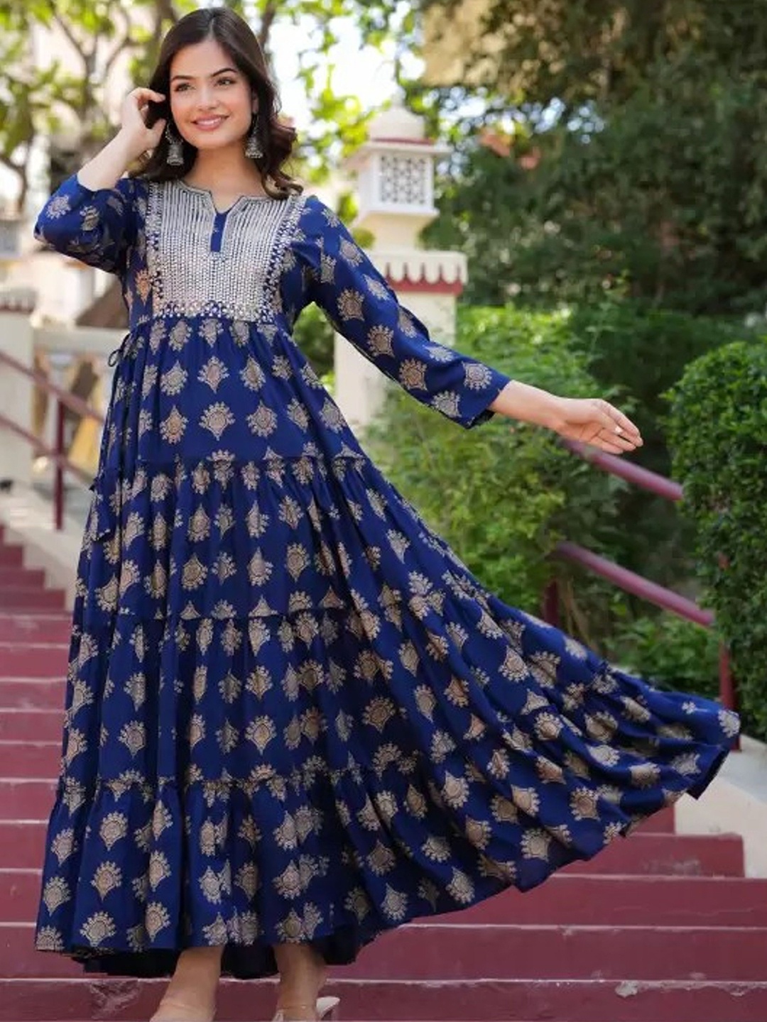 

Aimca Women Floral Checked Anarkali Kurta, Blue