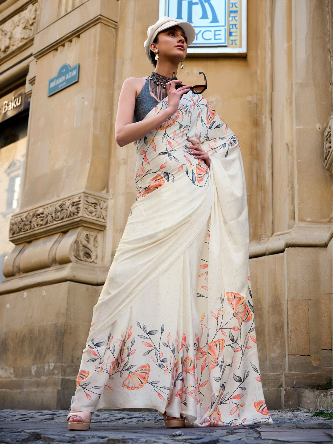 

PEENGAX Floral Satin Saree, White
