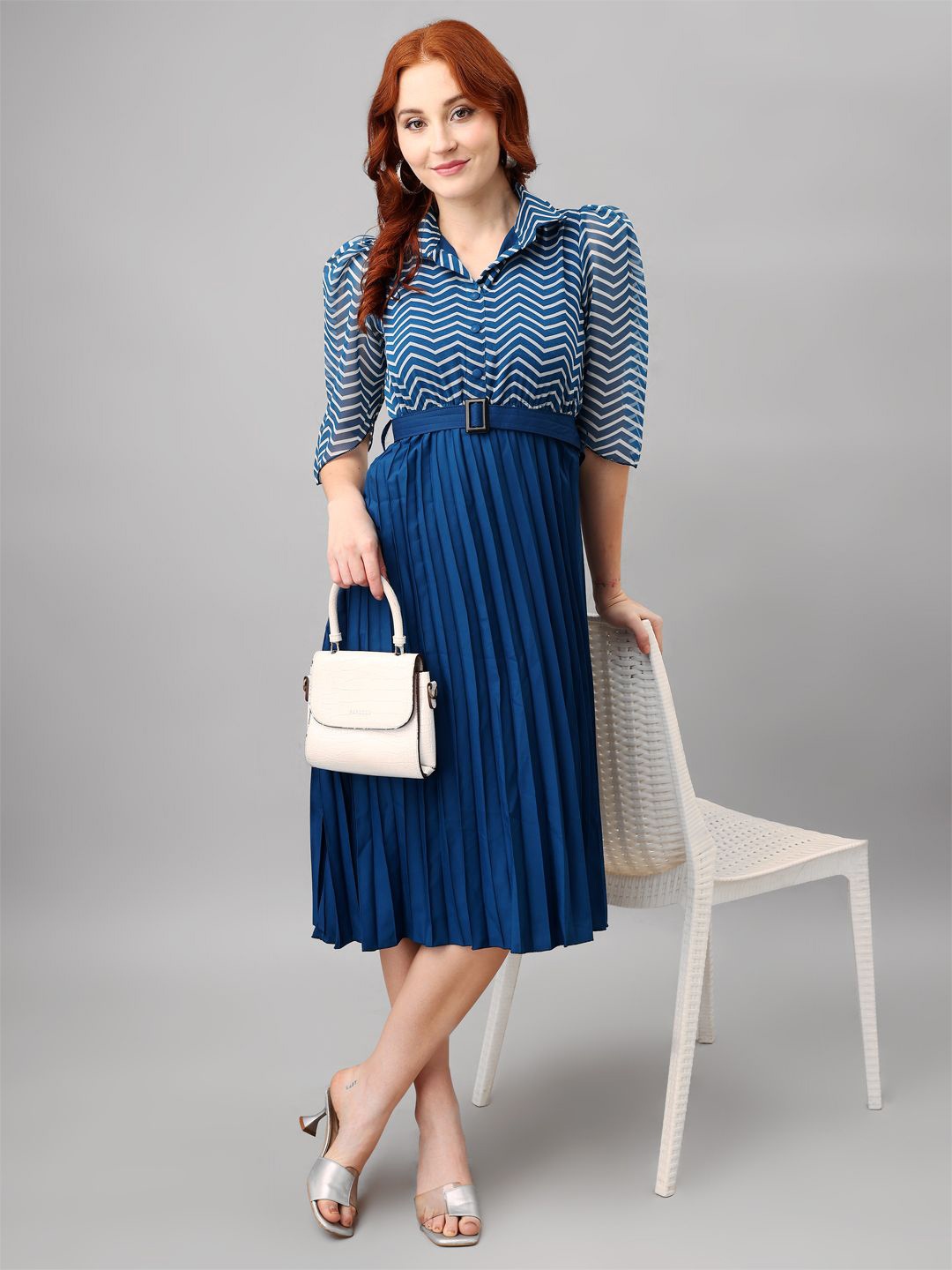 

Raiyani Fashion Striped Applique Georgette Fit & Flare Midi Dress, Blue