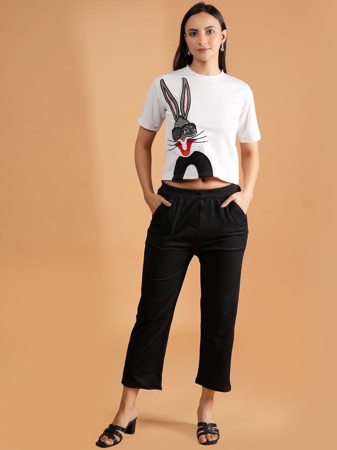 

Dreambe Printed Round Neck T-Shirt & Trousers Co-ords, Black