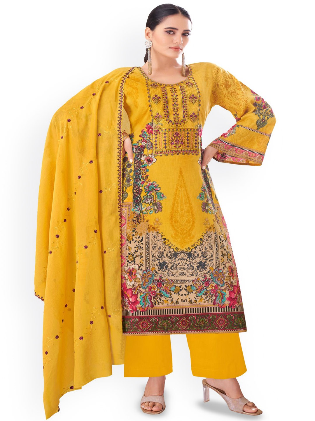 

DRAVINAM Trends Embroidered Pure Cotton Unstitched Dress Material, Yellow