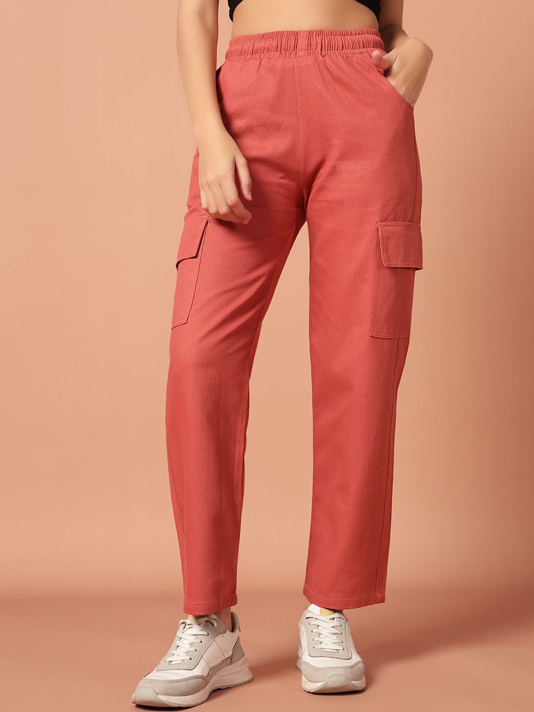 

Mast & Harbour Women Loose Fit High-Rise Easy Wash Cargos Trousers, Rust