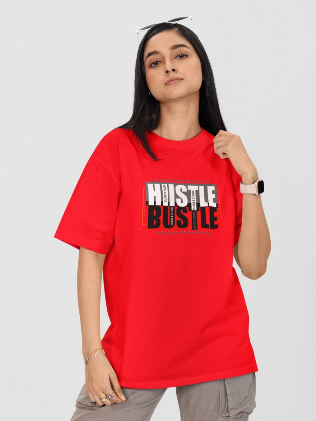 

Moda Rapido Women Printed Drop-Shoulder Sleeves Applique T-shirt, Red