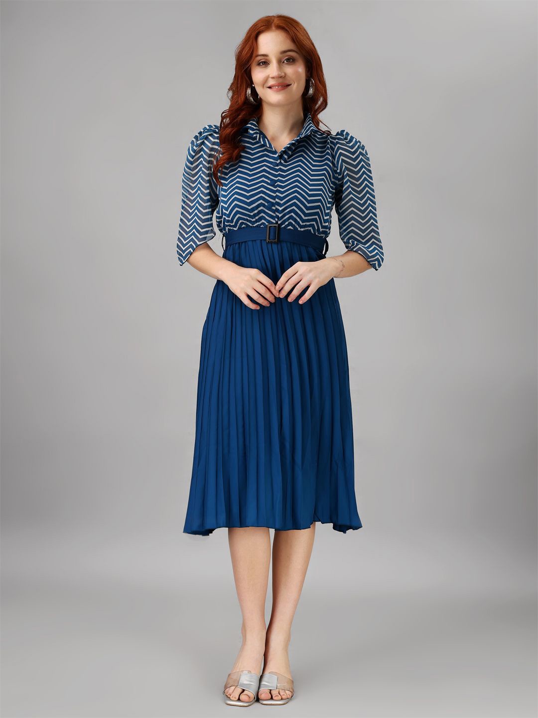 

Jash Creation Striped Applique Georgette Fit & Flare Maxi Dress, Blue