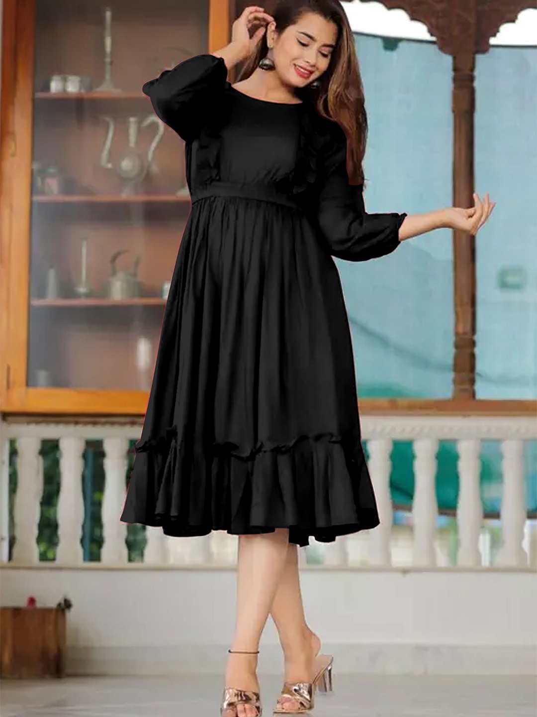 

Raiyani Fashion Applique Crepe Fit & Flare Midi Dress, Black