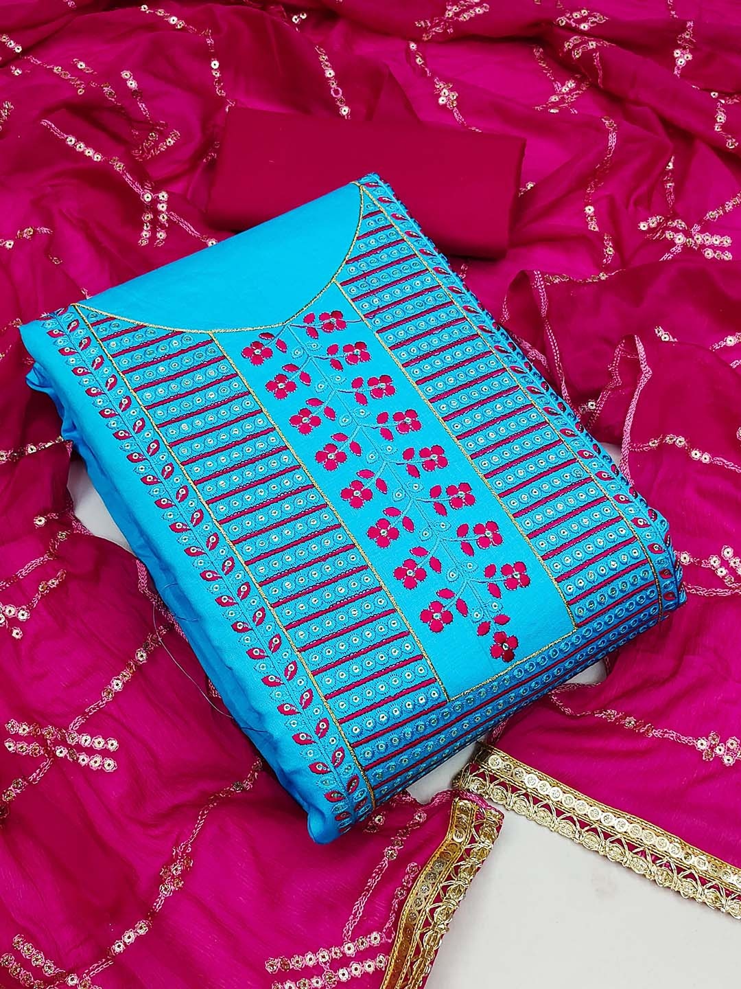

SAINOOR Embroidered Semi-Stitched Dress Material, Blue