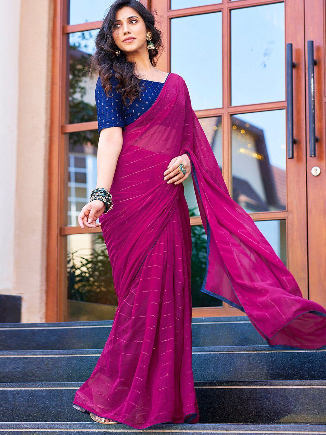 

DIVASTRI Striped Sequinned Pure Georgette Saree, Pink