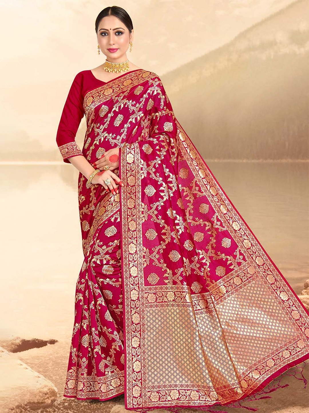 

DEVATITHI Ethnic Motifs Zari Silk Blend Banarasi Saree, Pink
