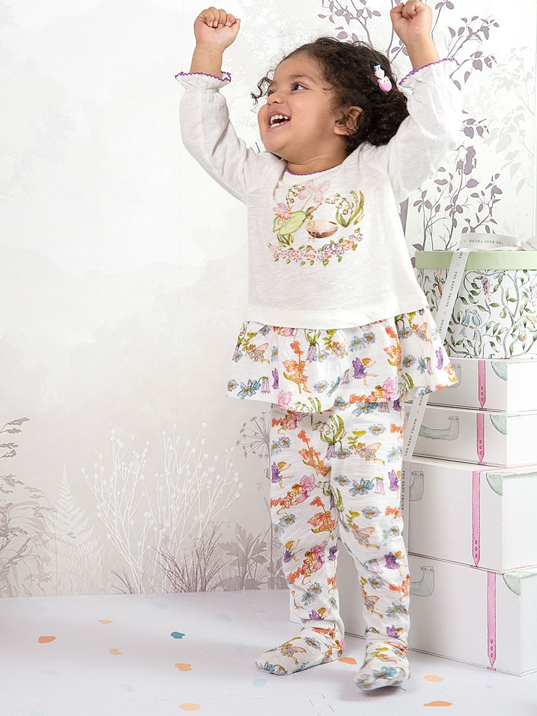 

THE BABY TRUNK Girls Printed Top with Leggings, White